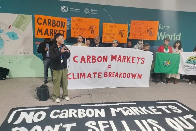 Activists protest the carbon market at COP29 in Baku, as countries finalise rules to operationalise the Article 6-governed carbon market. Image by Kundan Pandey/Mongabay