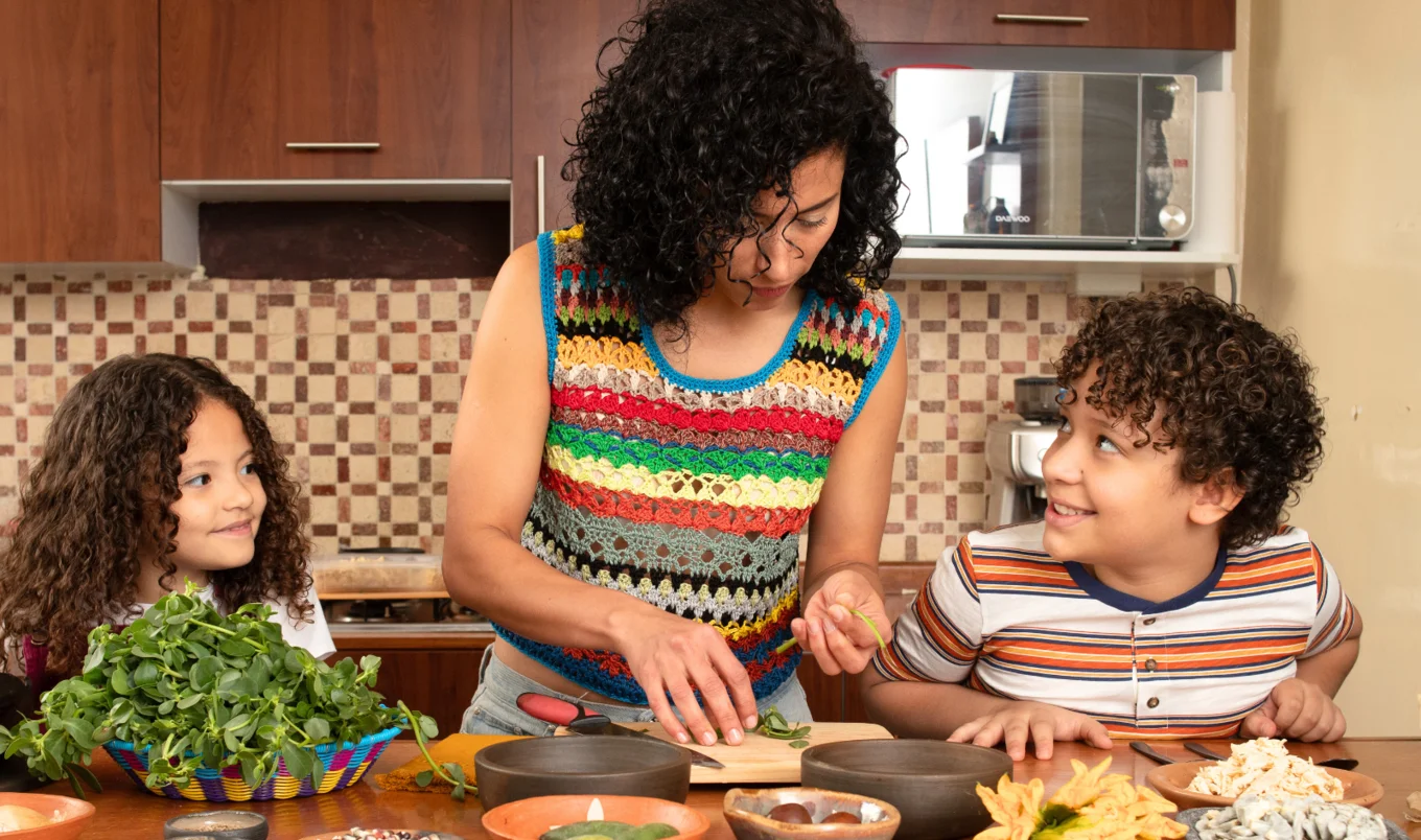 mother cooking with kids