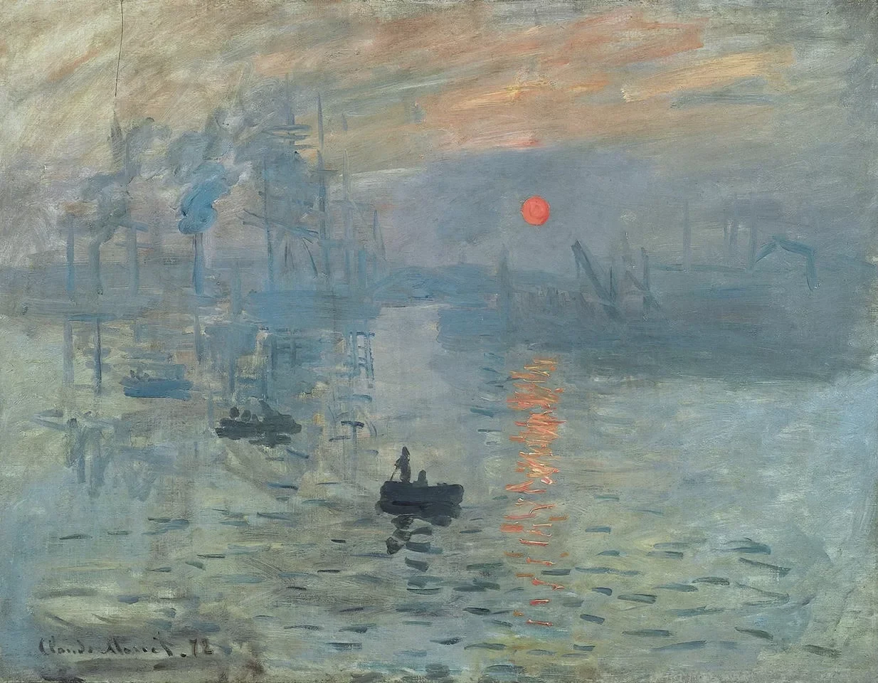 Impressionist painting “Impressionism: Sunrise“ by Claude Monet (1872) shows a red sun rising in front of dark grey clouds in a harbor with small boats and choppy waves, with the sky a swirl of orange, yellow and grey-blue. 