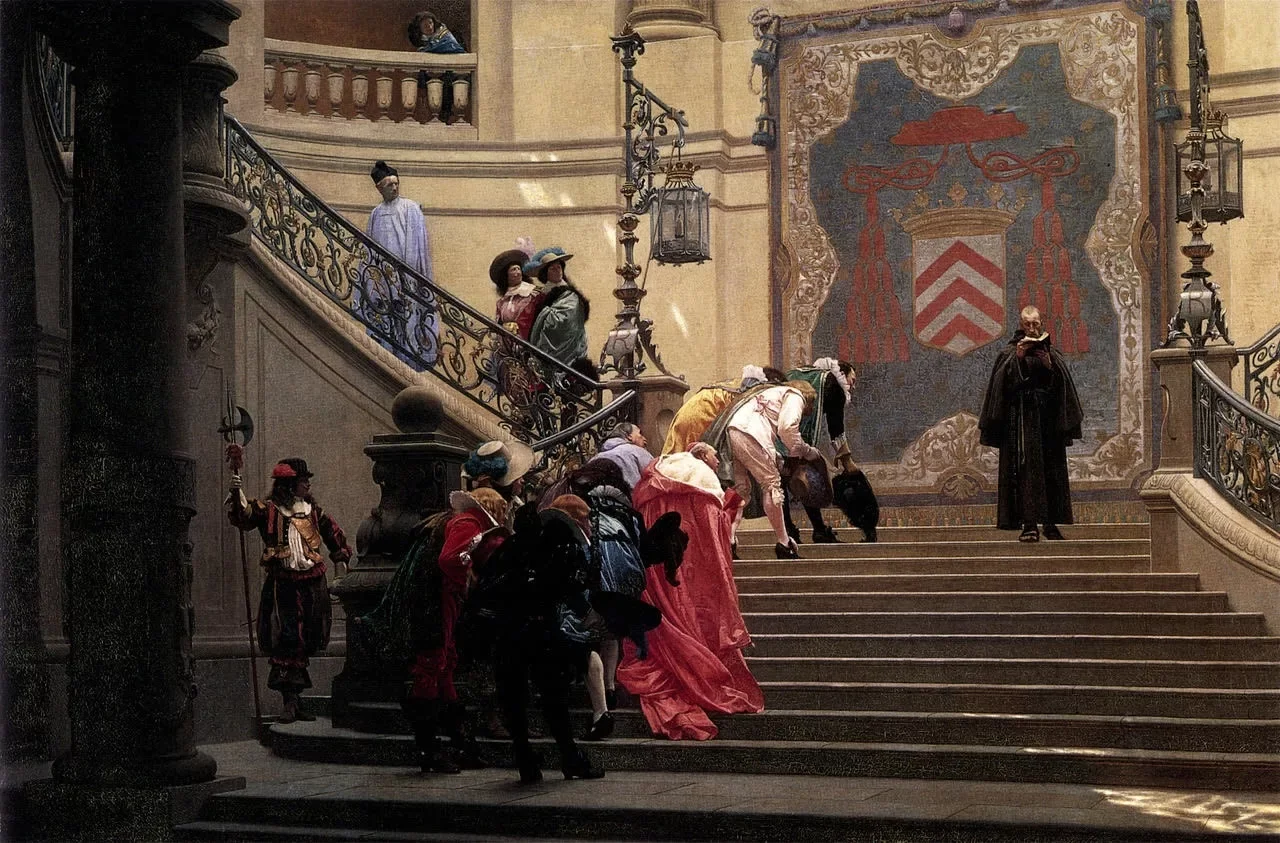 A hyper-realist painting from 1873 by Jean-Leon Gerome shows a procession of people on the left pausing on a stairway as, on the right,a black-clad scholar descends the grand stairs, oblivious, reading a book.