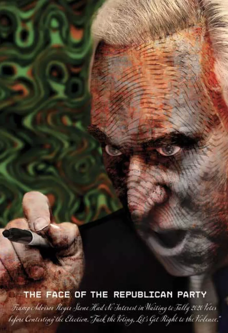 A digital collage of a man with white hair staring aggressively out of the picture plane his bloody hand holding a black marker like it’s a weapon, his mouth open as if speaking and his skin covered with stripes as if tattooed for war.