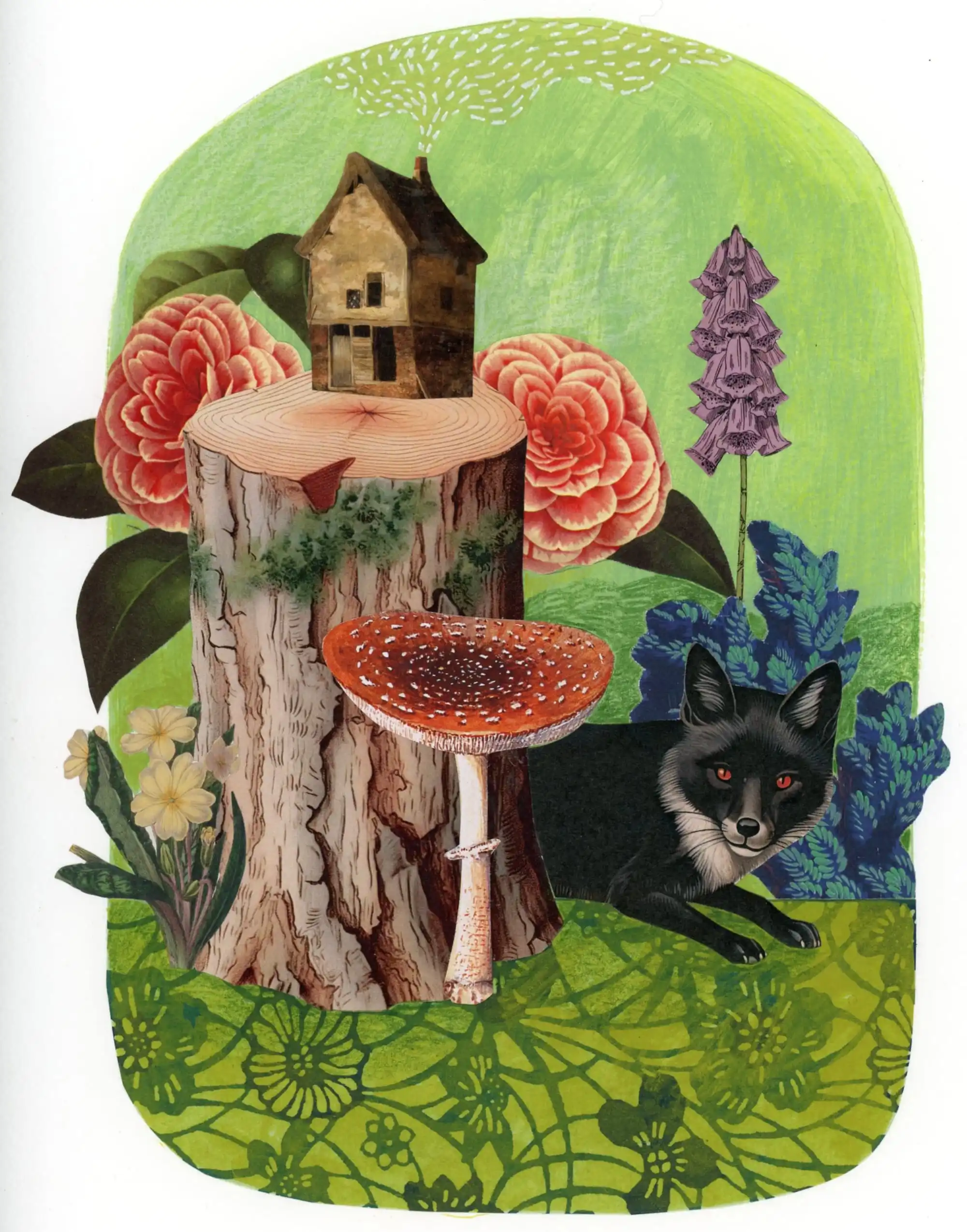 a collage with a green background of a tree stump, mushrooms, flowers, and a tiny house perched on top of the stump