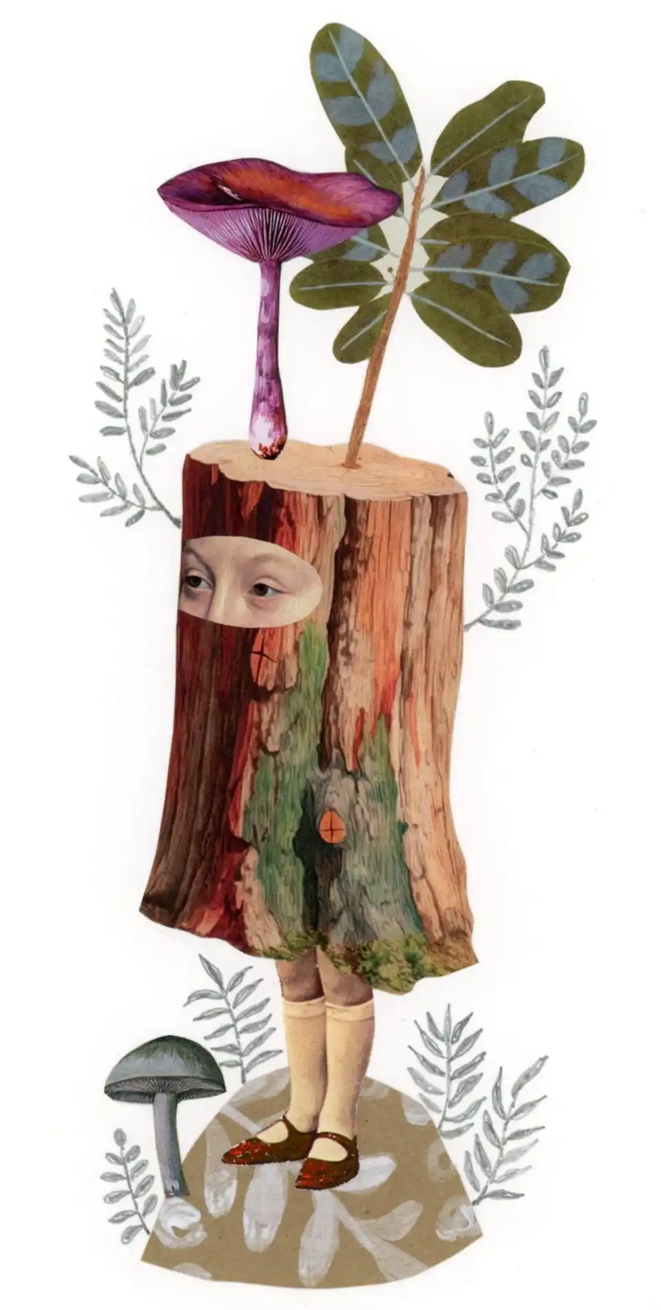 a vertical collage of a tree stump that appears to be worn like a costume, with eyes peering out of a hole at the top, legs coming out of the bottom, and a new shoot growing up from the top