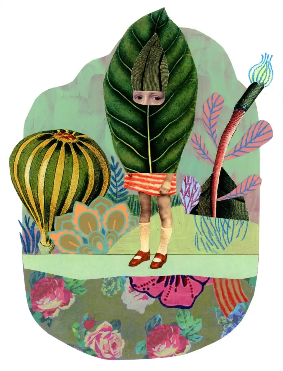 a collage in a mostly green palette featuring a figure wearing a leaf costume, surrounded by flowers and a distant hot air balloon