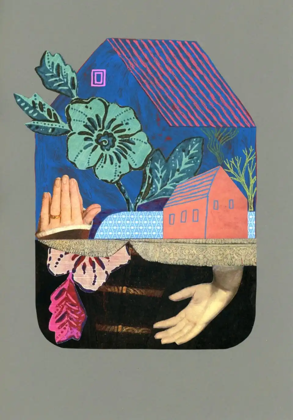 a collage of a small house, flowers, and hands inside the silhouette of a house