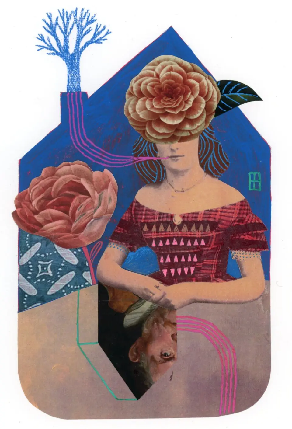 a collage of a woman seated inside the silhouette of a house with large flowers around her