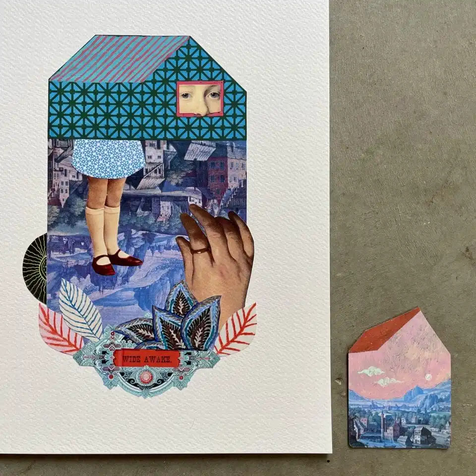 a paper collage with various motifs like legs, hands, and flowers connected to the shape of a house, laid on a table next to a small collage of a tiny pink house