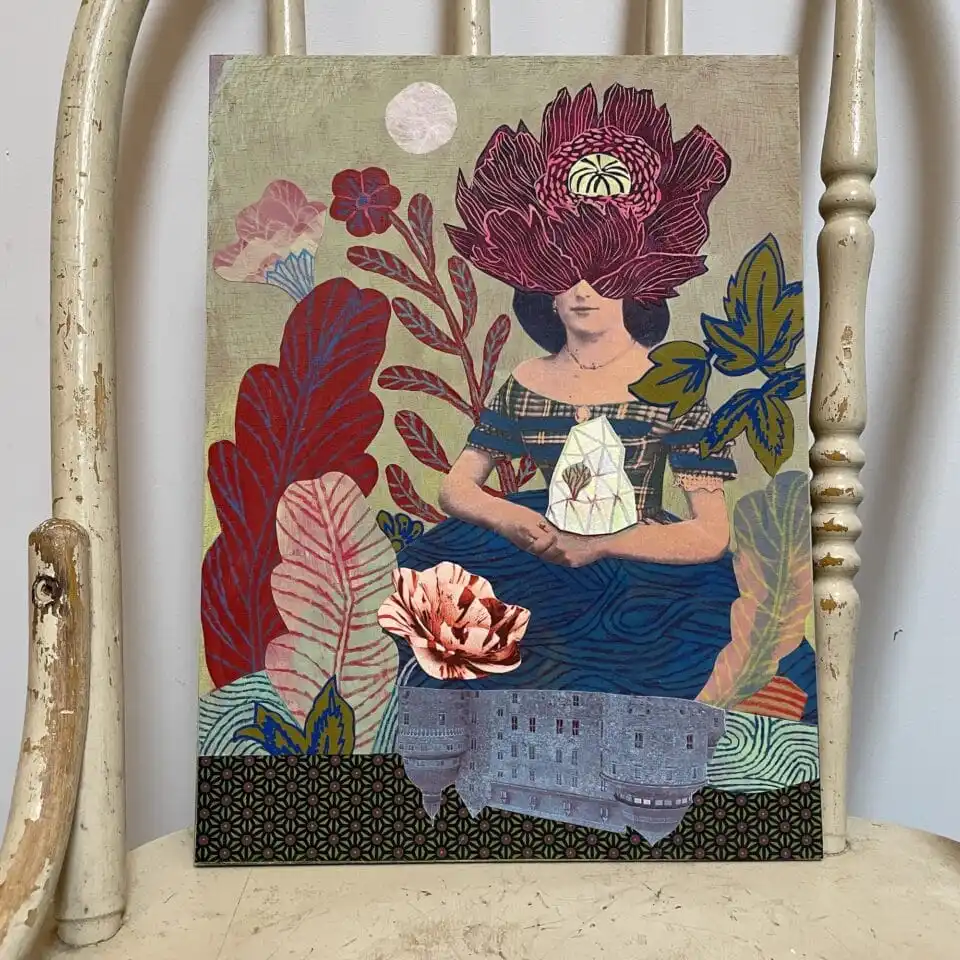 a paper collage of a woman with large flowers around her, sitting on a wooden chair