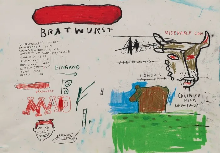 A sketch-like depiction of a cow, a pasture, and a bratwurst sausage 