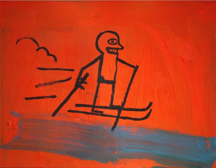 A rudimentary sketch of a stick-like human figure skiing against a red backdrop along a blue trail 