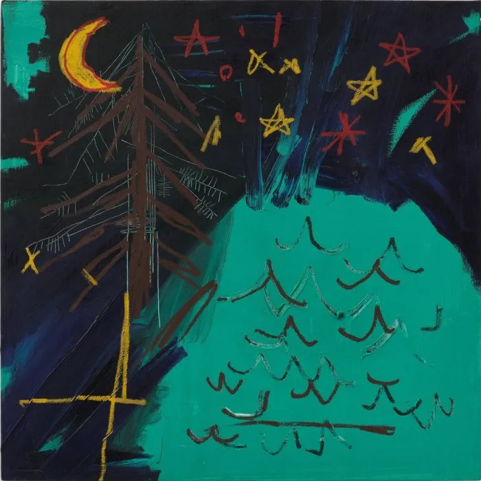 A painting of childlike stars and trees and a human figure stood on the edge of a lake at night 