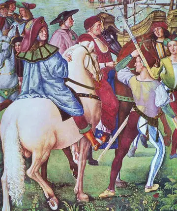 Detail of Alice Pinturicchio's Renaissance famous fresco showing pilgrims on horseback with colourful clothes setting out for the Council of Basel in 1431