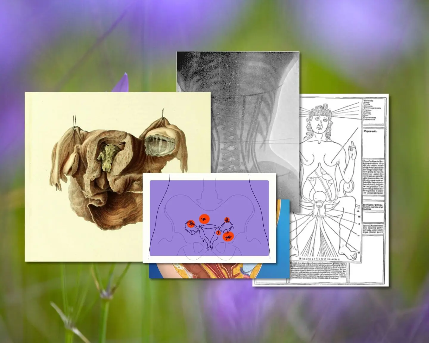 A collage style mixed media artwork shows 5 distinct images against a blurry backdrop of green foliage and purple flowers. One image features an illustrated rendering that suggests biological tissue and organs pinned with dissecting pins against a white backdrop. Another shows an X-ray of a torso with unique vertical lines. Another shows a drawing of a floral embellished female reproductive system. Another looks like an ancient medical textbook illustration of the female reproductive system. 