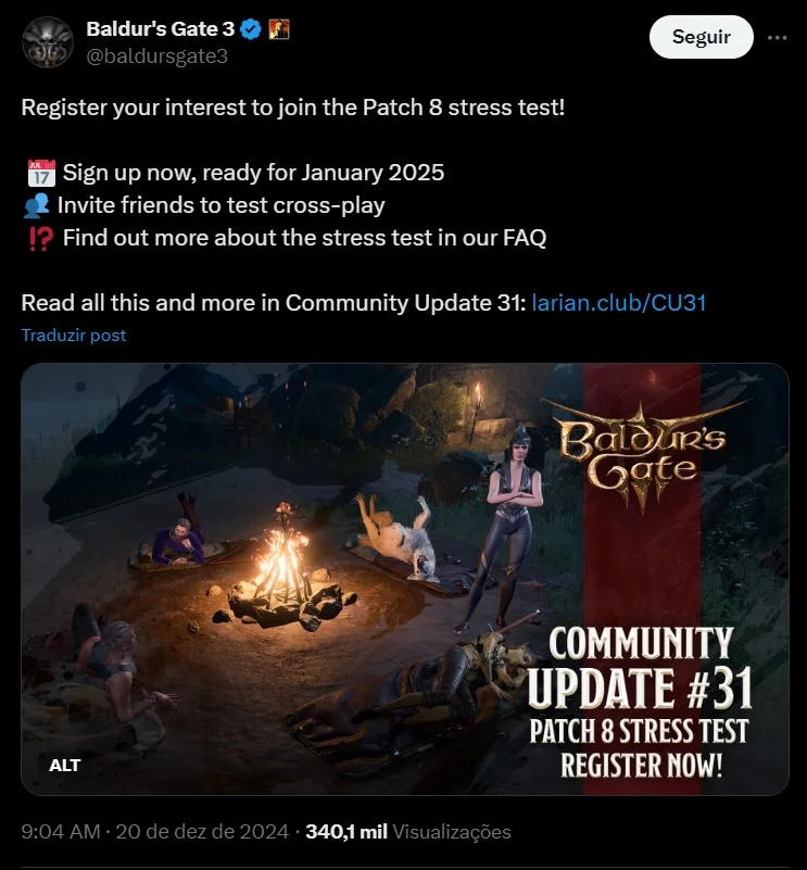 Captura de post falando do teste de stress em Baldur's Gate 3.