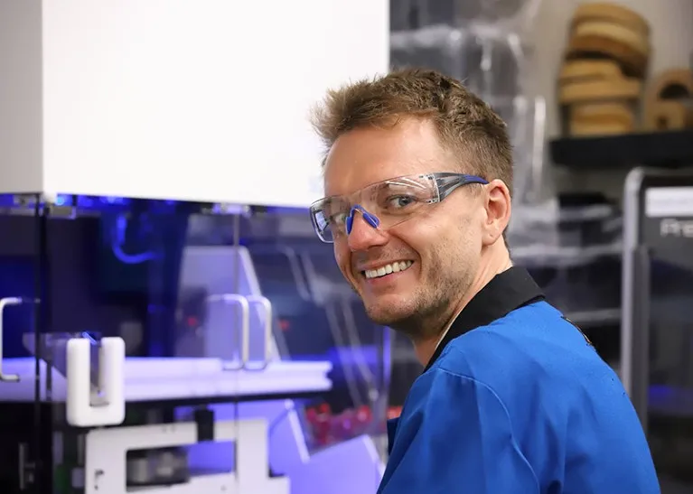 Joe Parry in the lab wearing goggles