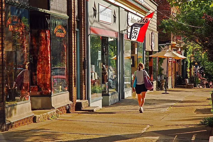 Independent stores and boutiques on a sunny day in Cold Spring, New York. Editorial credit: James Kirkikis / Shutterstock.com