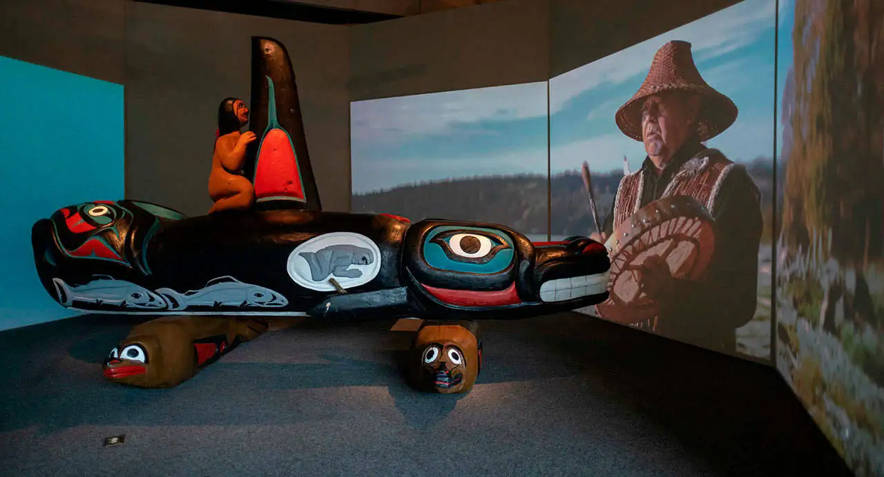 Whale People: Protectors of the Sea, an outdoor exhibit and IMAX-style film screening, was developed by The Natural History Museum with the House of Tears Carvers of the Lummi Nation. (Kristen B. Grace photo.)