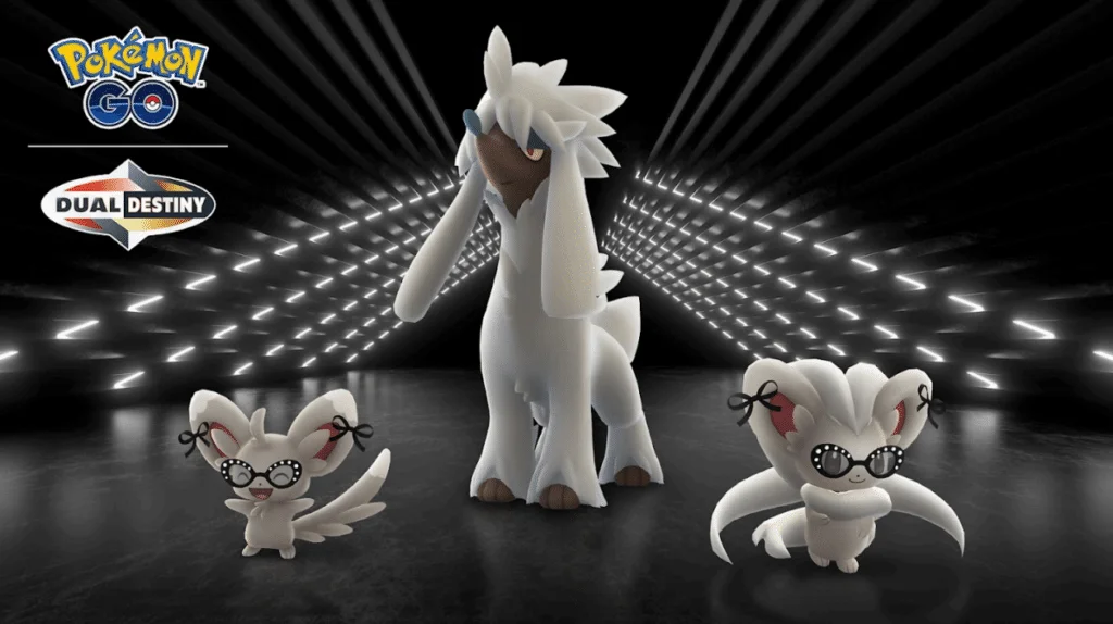 A black stage lit by white spotlights features a Furfrou in the centre, with a Minccino to their left wearing glasses, and a Cinccino to their right wearing glasses