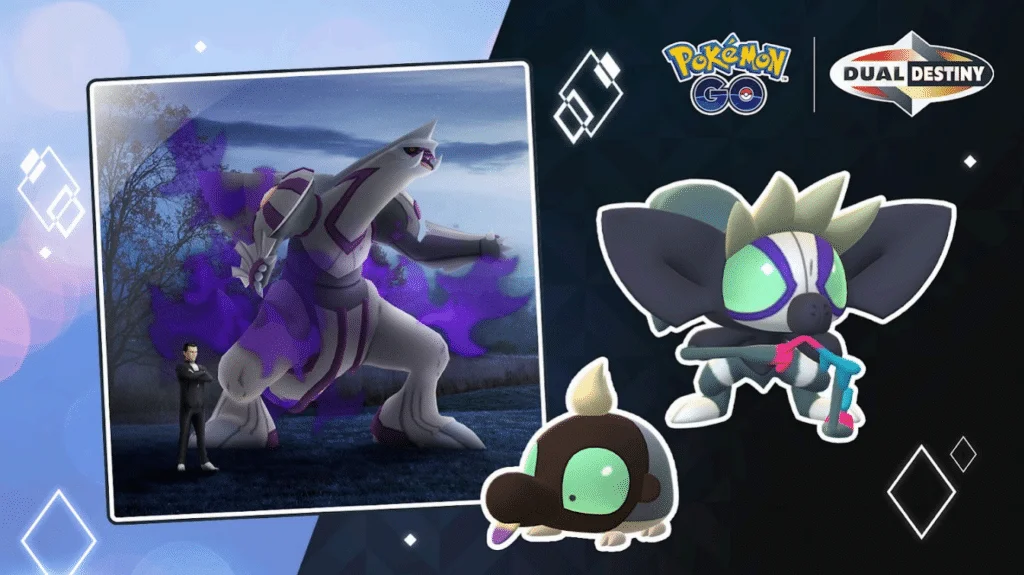 Pokemon GO banner for Fashion Week: Taken Over event. On the left side of the banner is a box containing a frosty field with a huge Shadow Palkia stood next to Giovanni. On the right side of the image a Shroodle and Grafaifai are on a black background. Text in the top right corner reads 'Pokémon GO Dual Destiny'