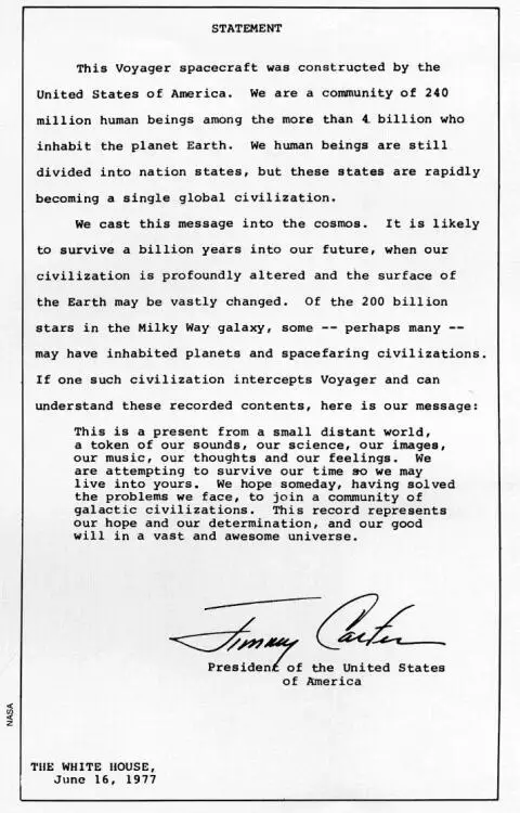 A scan of a typed statement by President Jimmy Carter included on NASA's Voyager spacecraft