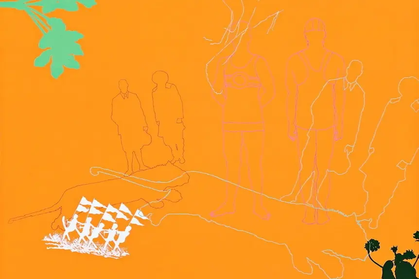 On a bright orange square canvas sit different coloured sketched outlines of boats, people and tree branches.