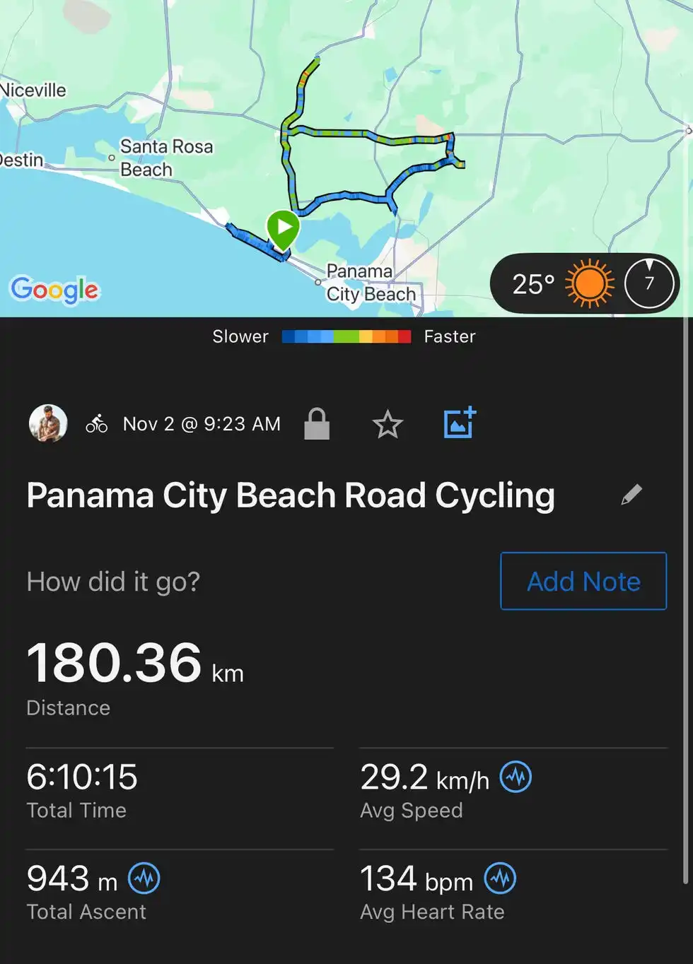 cycling activity data displayed with map and performance metrics