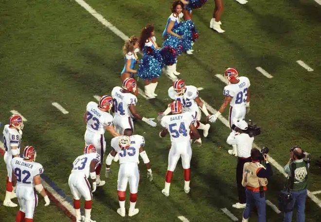 Buffalo Bills safety Leonard Smith (46) takes the field during player interdictions during Super Bowl XXV against the Buffalo Bills at Tampa Stadium.