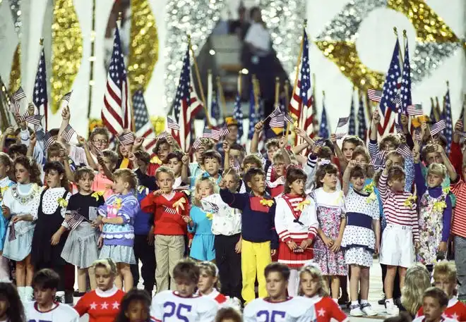 Local youth perform in the halftime show during Super Bowl XXV between the New York Giants and the Buffalo Bills at Tampa Stadium. during Super Bowl XXV at Tampa Stadium.