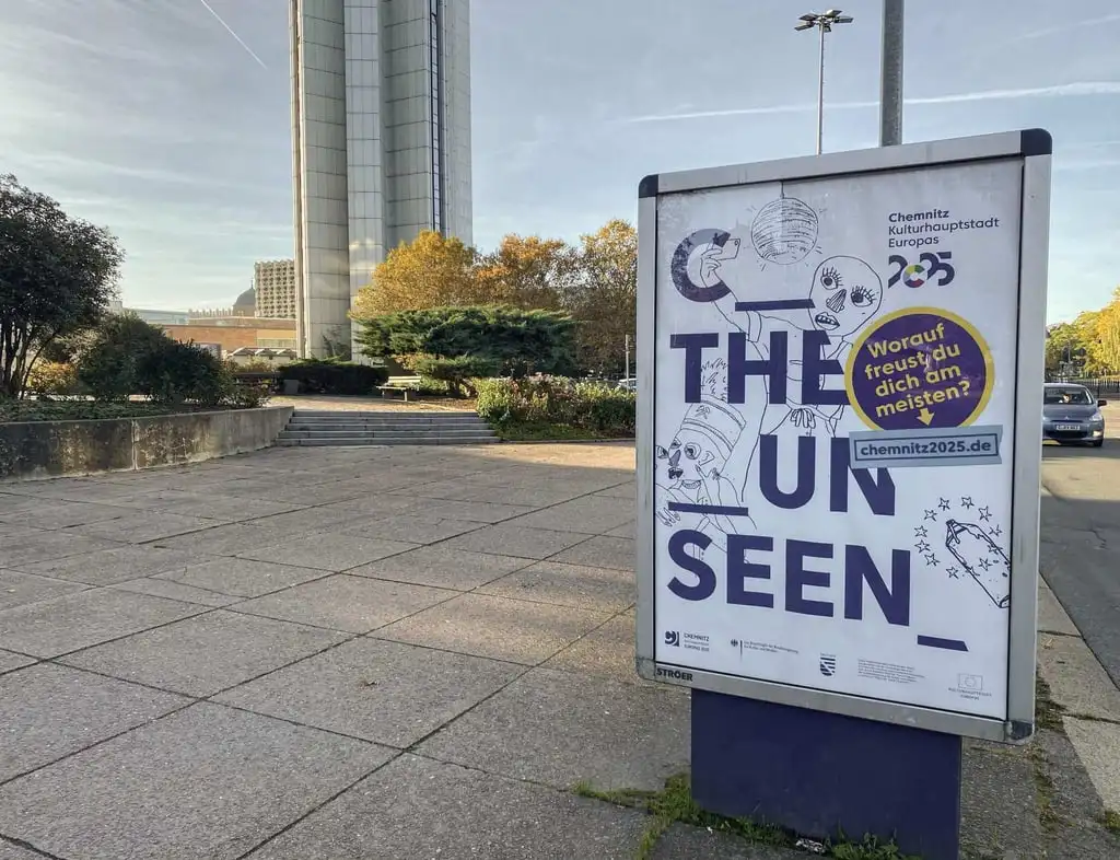 A poster in Chemnitz advertising the city’s C The Unseen initiative as part of its year as a European Capital of Culture. Photo: AFP