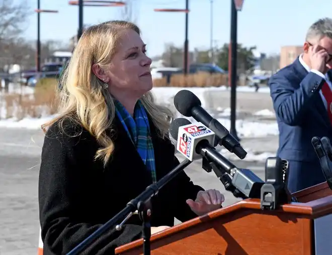 Carolyn Ringer Lepre, Salisbury University president, gives a speech about the proposed downtown performing arts center that was awarded $2 million in grant funding from the Maryland Department of Housing and Community Development on Monday, Jan. 13, 2025, in Salisbury, Maryland.