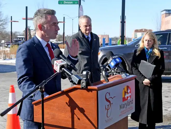 Jake Day, secretary of Housing & Community Development, announces that Salisbury University's proposed downtown performing arts center was awarded $2 million in grant funding from the Maryland Department of Housing and Community Developmenton Monday, Jan. 13, 2025, in Salisbury, Maryland.