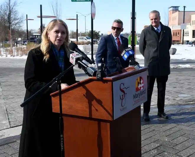 Carolyn Ringer Lepre, Salisbury University president, gives a speech about the proposed downtown performing arts center that was awarded $2 million in grant funding from the Maryland Department of Housing and Community Development on Monday, Jan. 13, 2025, in Salisbury, Maryland.