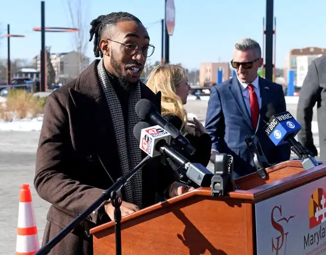 D'Shawn Doughty, Salisbury City Council president, gives a speech about the proposed Salisbury University performing arts center Monday, Jan. 13, 2025, in Salisbury, Maryland.