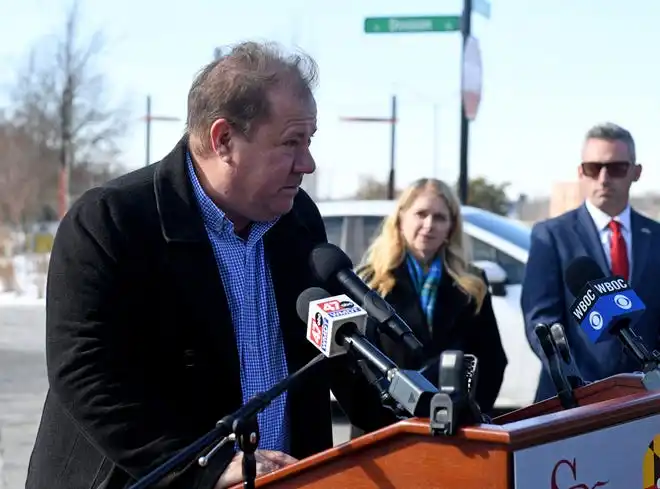 Randy Taylor, Salisbury mayor, gives a speech about the proposed downtown Salisbury University performing arts center Monday, Jan. 13, 2025, in Salisbury, Maryland.