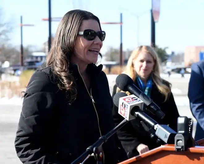 Julie Giordano, Wicomico County executive, gives a speech about the proposed downtown Salisbury University performing arts center, Monday, Jan. 13, 2025, in Salisbury, Maryland.