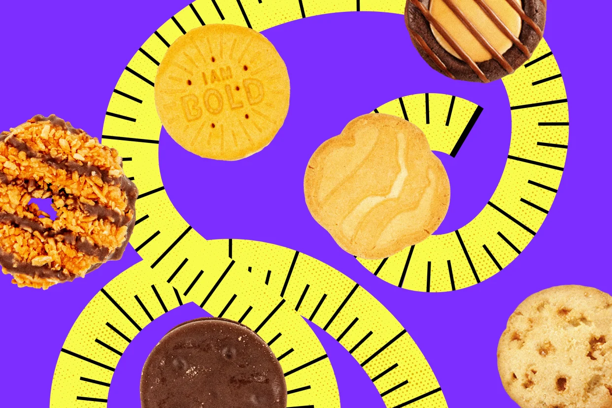 Photo illustration of various Girl Scout Cookies.