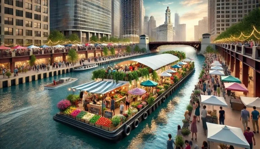 In this artist's rendering, a floating farmer's market that would make stops along the Chicago River on different days of the week, according to the newly formed Team Culture.