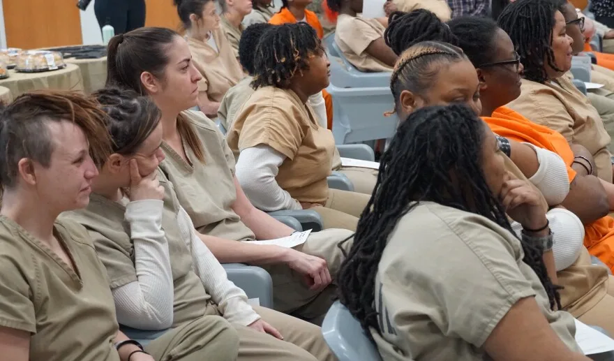 Women incarcerated at St. Louis County jail watch a musical performance. Many said they hope to participate in a music education program that is soon to launch there.