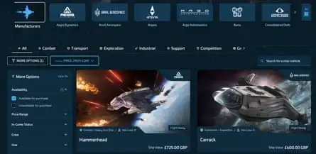 The Star Citizen website, showing ships for sale.