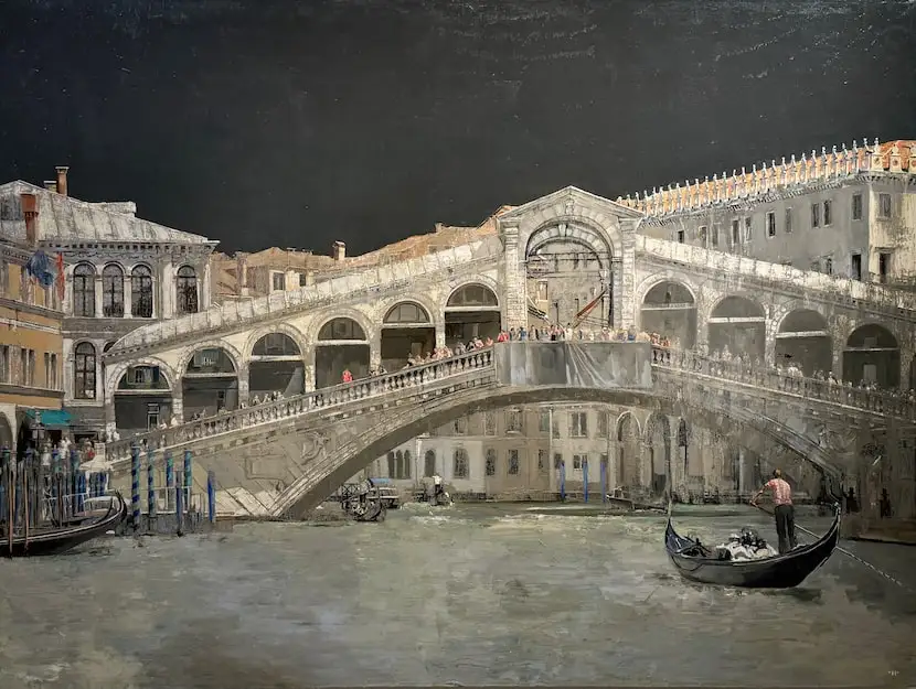 Patrick Pietropoli’s painting of Venice's Rialto Bridge is a highlight of the “Scapes”...