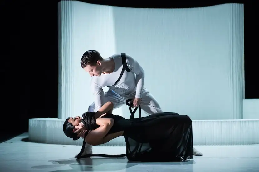 The soldier Don José tries to tie down the title character in Ballet Hispánico's production...