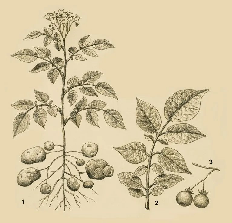 Hand drawing of a potato plant indicating the plant, the leaf, and the fruit.