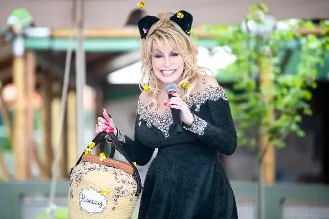 Dolly Parton is dressed as a black bear for the grand opening of the Big Bear Mountain rollercoaster in Dollywood's Wildwood Grove on Friday, May 12, 2023.