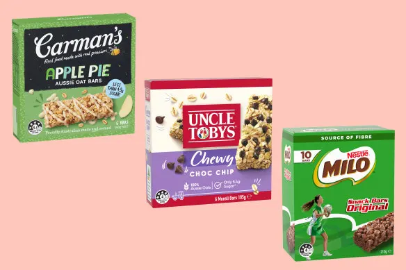 From left: Carman’s Aussie Oat Bars; Uncle Tobys Chewy range; Milo Snack Bars.