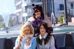 Cosplayers from the horror game “Identity V” gather in front of the Long Beach Terrace Theatre.