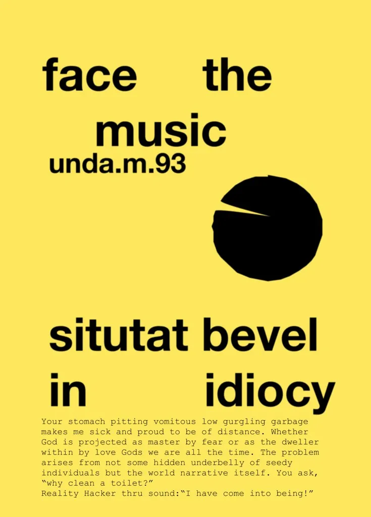 A yellow flyer with black text, with a black pacman-like circle in the center right. The top says