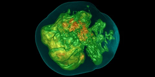 Image of a simulation of a core-collapse supernova, which looks like a messy, uneven green object inside a bubble