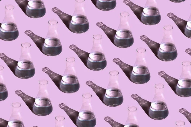 A repeating pattern of conical flasks containing colourless liquid casting shadows on a pink background