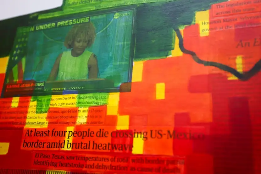 A detail of one of Eliana Miranda s work on immigration news in her studio Wednesday, Jan....