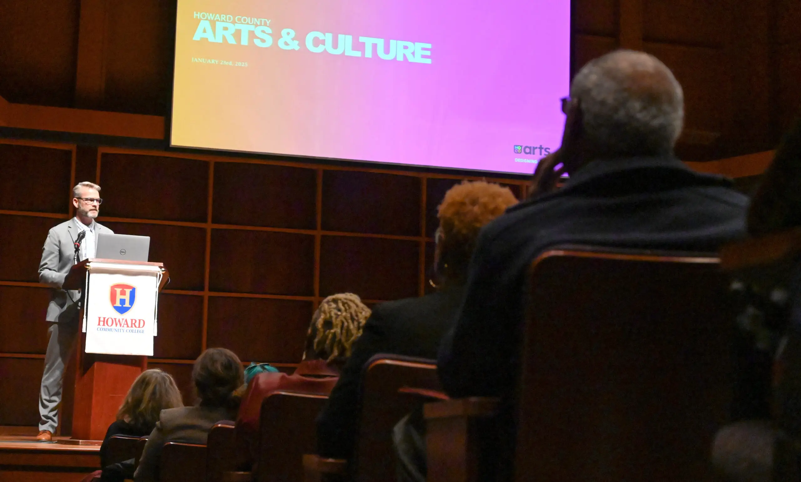 Steven Skerritt-Davis, Maryland State Art Council's Executive Director, speaks during the announcement of the Howard County Arts and Culture Plan, held at Howard Community College's Horowitz Center on Thursday. (Brian Krista/Staff)